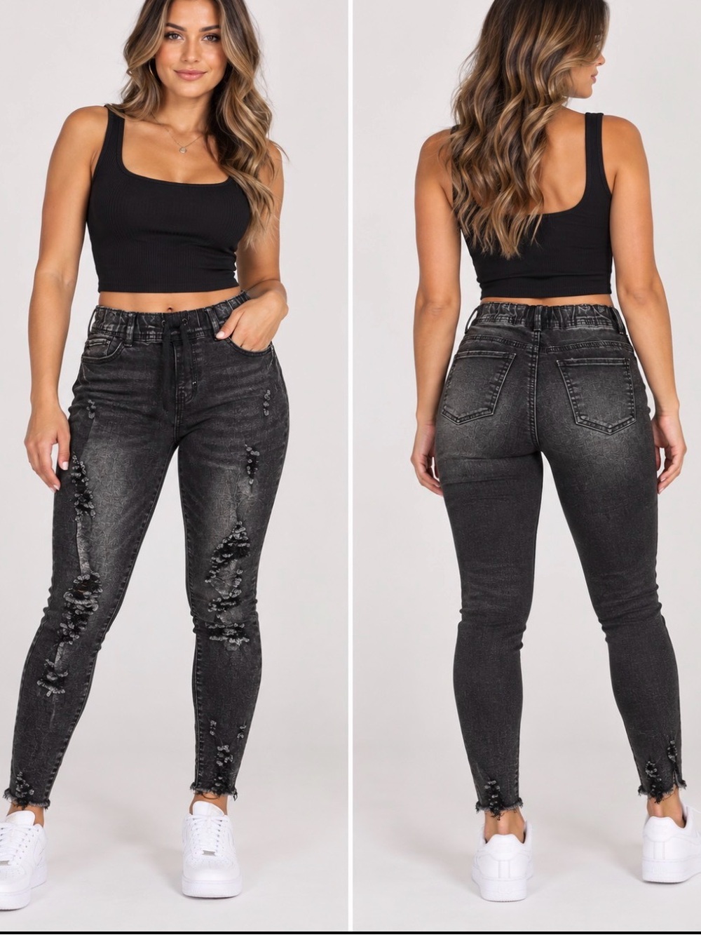 High-Rise Distressed Skinny Jeans in Washed Black